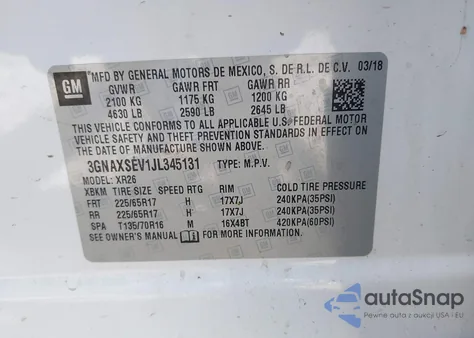 2018 Chevrolet Equinox Lt z USA, uszkodzony, nr VIN 3GNAXSEV1JL345131